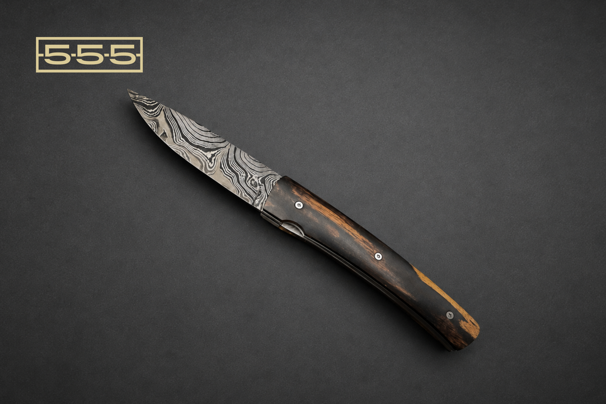 Couteau pliant • damas / ébène royal stabilisé L'atelier 555 Perseus artisanal