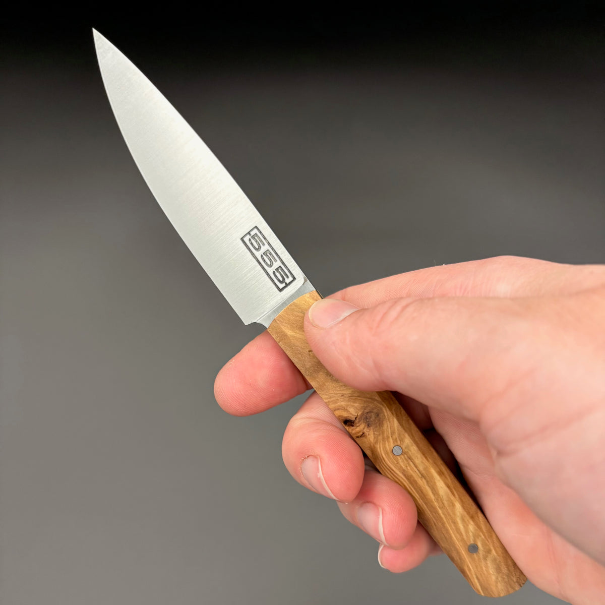 Petit couteau de cuisine Vesta tenu en main, montrant ses proportions compactes et son manche en olivier
