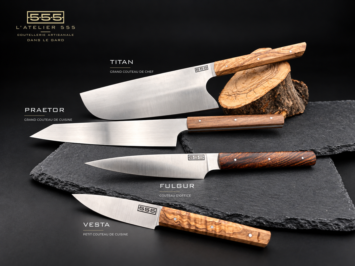 Couteaux de cuisine artisanaux Titan, Praetor, Fulgur et Vesta fabriqués dans le Gard par L’Atelier 555